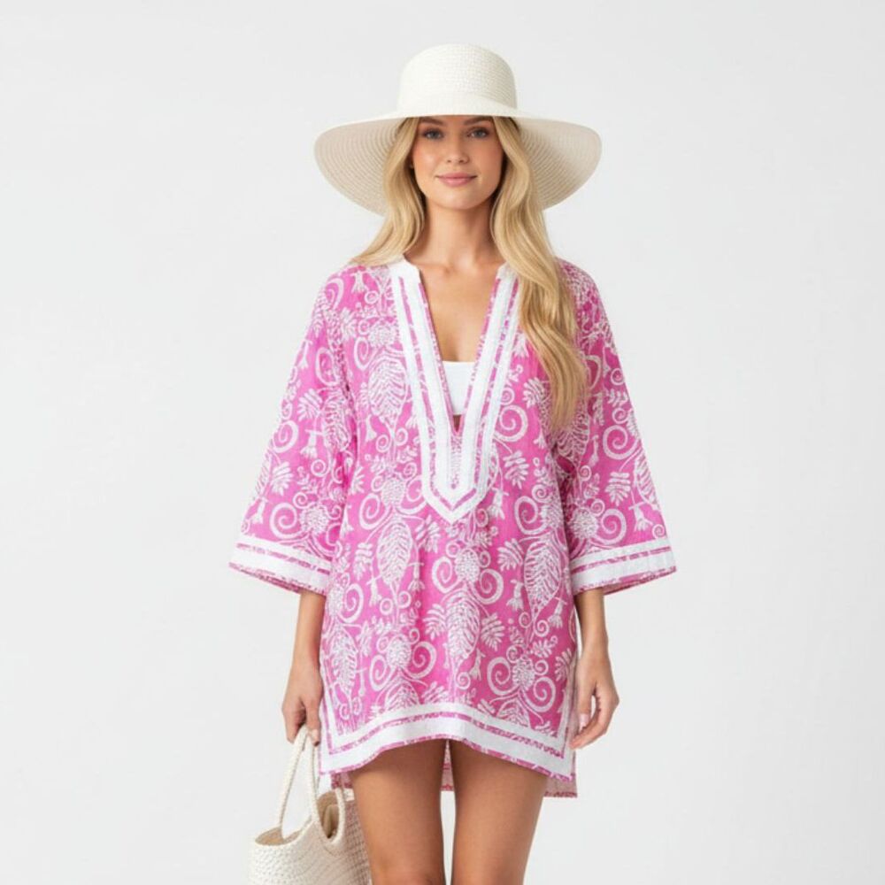 Katherine NY Cotton Pink & White Print Embellished Long Sleeve Tunic Top M